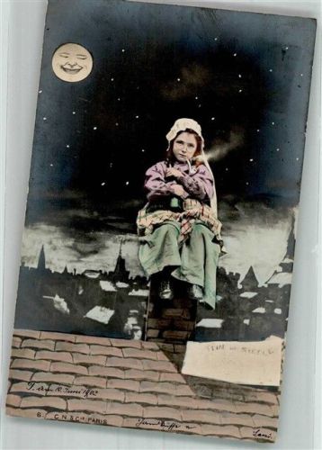 1902 Mädchen mit Pfeife und Weinflasche unter dem lachenden Vollmond auf dem Kamin