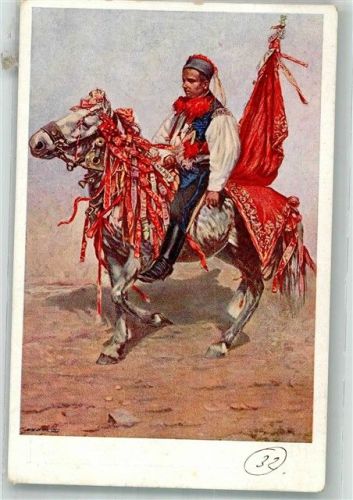 1913 sign. Uprka Prachtvoll geschmücktes Pferd mit einem Reiter in bunter Tracht