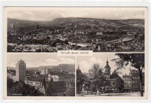 Jena mit Totalansicht, Zeißwerk und Markt ungelaufen Leicht abgerundete Ecke n, sonst gut erhalten.