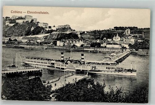 Koblenz Raddampfer Kaiserin Auguste Victoria passiert die Pontonbrücke unterhalb der Festung Ehrenbreitstein