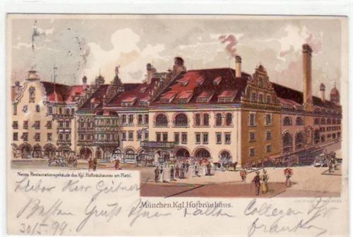 München, Lithographie mit Kgl. Hofbräuhaus gelaufen von 1899. Albumabdrücke an den Ecken leichte Stempelspuren, sonst gut erhalten Hofbräuhaus