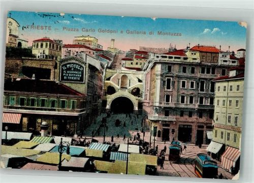 Trieste / Triest / Trst 1920 Marktszene Piazza Carlo Goldoni Gallerie di Montuzza Straßenbahn