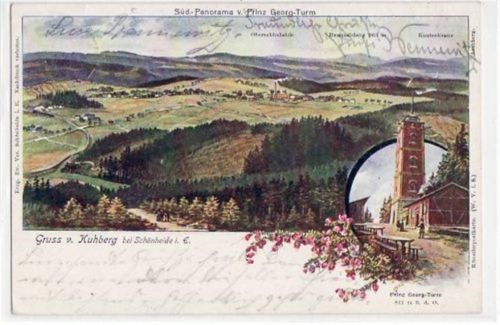 Kuhberg b. Schönheide mit Süd-Panorama und Prinz Georg-Turm gelaufen von 1906. Gute Erhaltung.