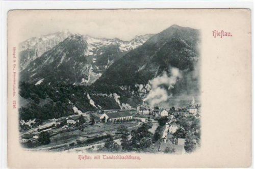 Hieflau mit Tamischbachthurm. ungelaufen frühe Karte, da Anschriftseite noch ungeteilt. Die Karte war in einem Album eingeklebt, daher Abrißspuren und Anhaftungen Rückseite, kleiner Riß am Rand oben, leichte Eckabschürfungen, sonst gut erhalten