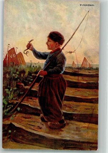 Volendam Kind Tracht Angeln Aal W. de Hahn Serie M