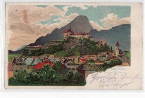 Kufstein Kufstein, Künstlerkarte mit Teilansicht und Pending gelaufen von 1915. Ecken mit Albumabdrücken, leichter Bug oben links, leicht stockfleckig, sonst gut erhalten