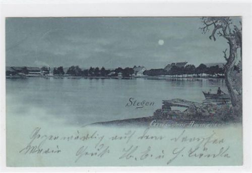 Stegen am Ammersee mit Gesamtansicht im Mondschein gelaufen, mit Marke und Stempel von 1898. Ecken mit Albumabdrücken, leichter Stempeldurchdruck, kleiner Knick unten rechts, leicht fleckig, sonst gut erhalten