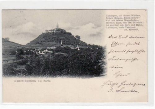 Leuchtenburg bei Kahla a.d. Saale mit Totale gelaufen und Bahnpoststempel von 1905, Zug Nr. 424. Gute Erhaltung.