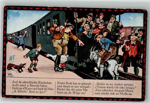 Tumult mit Ziege Dackel und Gans auf dem Bahnsteig der Schwäbischen Eisenbahn Humor Schwäbischer Kunstverlag Serie 200 Bild 3