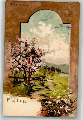 1931 Wegkreuz in blühender Frühlingslandschaft Jahreszeiten