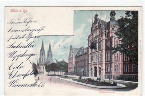 Köln Stadt Köln mit Justizgebäude gelaufen von 1900. Kleine Beschädigung am Rand oben in der Mitte, leicht fleckig, sonst gut erhalten