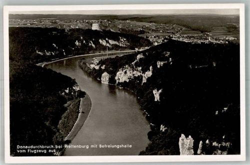 Weltenburg 1938 Fliegeraufnahme des Donaudurchbruchs mit der Befreiungshalle bei Kelheim