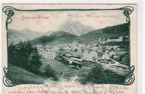 Lithographie. Gruß aus Füssen im Allgäu. Blick gegen den Säuling gelaufen 1901Eckbug oben und unten rechtsleicht stockfleckig. Marke entfernt, sonst gut erhalten.