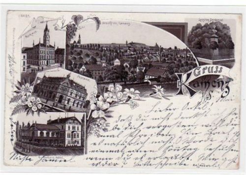 Kamenz, Lithographie Lessingdenkmal, Rathaus, Postamt und Hutberg - Hotel gelaufen von 1897. leichte Eckabschürfungen und Rändern, kleiner Knick oben und unten links, sonst gut erhalten.