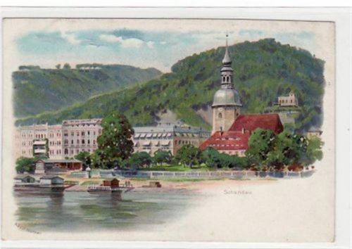 Bad Schandau Bad Schandau, Lithographie mit Teilansicht und Kirche. ungelaufen um 1900 Gute Erhaltung.