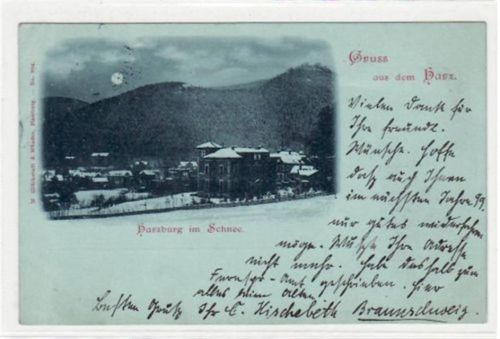 Bad Harzburg Bad Harzburg, Mondscheinkarte. Harzburg im Schnee gelaufen, mit Marke und Bahnpoststempel von 1899, Zug Nr. 498. Leicht bügig, leicht fleckig, sonst gut erhalten