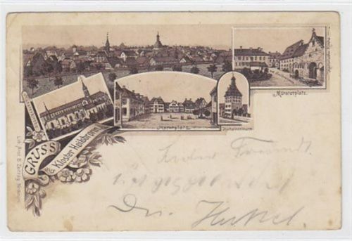Heilsbronn, Lithographie mit Kloster, Marktplatz u. Münsterplatz gelaufen, mit Marke und Stempel von 1896. Leicht bügig, Vorder- und Rückseite stockfleckig, sonst gut erhalten