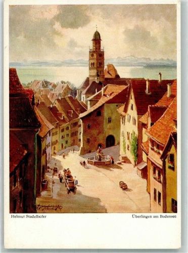 88662 W7770 Überlingen , Bodensee Künstlerkarte Kirche Brunnen Fass Bodensee sign.Helmut Stadelhöfer