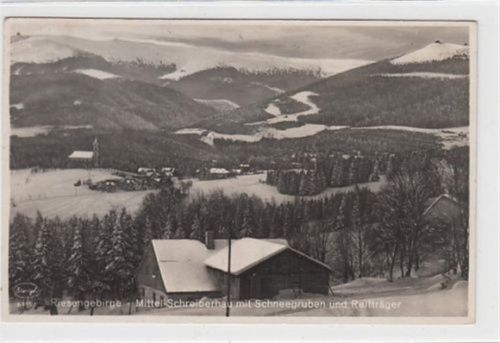 Schreiberhau Mittel-Schreiberhau / Szklarska Poreba - Kreis Hirschberg / Jelenia Góra im Riesengebirge mit Schneegruben und Reifträger im Winter gelaufen. Marke entfernt. leicht stockfleckig, sonst gut erhalten