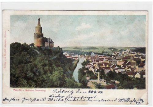 Weida Weida i. Thür. mit Teilansicht und Osterburg gelaufen von 1904. Vorder- und Rückseite stockfleckig, sonst gut erhalten.