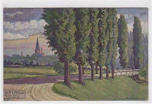 Bitterfeld Künstlerkarte von Bitterfeld mit Blick vom Leinedamm. Die Karte wurde 1923 beschrieben und vermutlich im Umschlag geschickt. Gute Erhaltung.