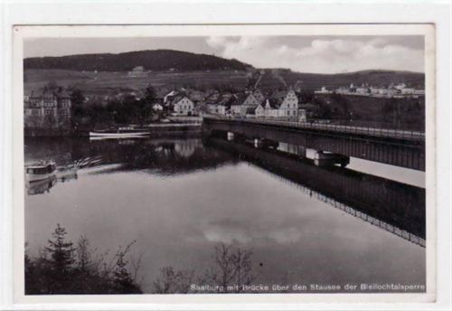 Saalburg Saalburg mit Brücke über den Stausee der Bleilochtalsperre gelaufen von 1938. Gute Erhaltung.