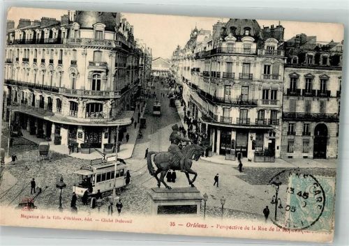 Orleans 1905 Denkmal Reiterstandbild Straßenbahn Rue de la République