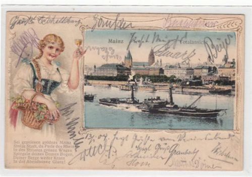 Mainz Mainz, Lithographie. Frau Kelch gelaufen, 1904. Leicht bügig, sonst gut erhalten