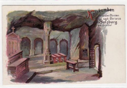Salzburg Litho Karte von Salzburg. Katekomben der ersten Christen 477 nach Christus in Salzburg am Friedhof. Ungelaufen, Gute Erhaltung.