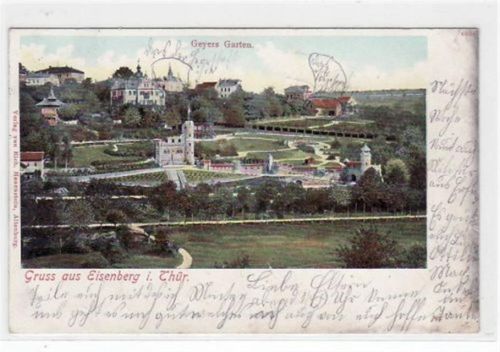 Eisenberg Lithographie Gruß aus Eisenberg i. Thür. mit Geyers Garten gelaufen von 1903. Oxydationsspuren an den Rändern, leicht stockfleckig, sonst gut erhalten.