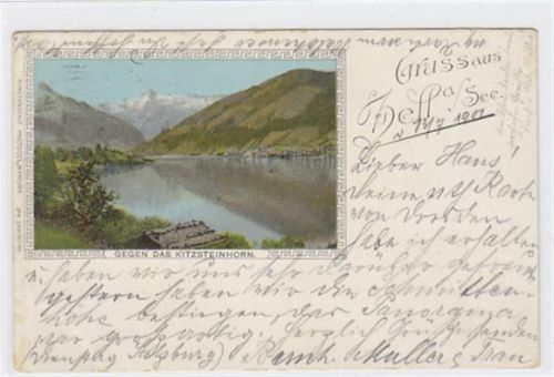 AK von Zell am See. Totale geben das Kitzsteinhorn gelaufen am 11.07.1901, Marke wurde entfernt. Leicht stockfleckig, leichte Abschürfungen am Rand oben und unten, Albumabdrücke an den Ecken sonst gut erhalten.