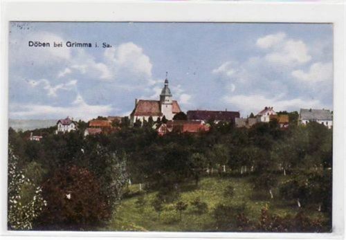 Döben bei Grimma mit Teilansicht und Kirche gelaufen von 1930. Leichter Stempeldurchdruck, sonst gut erhalten.