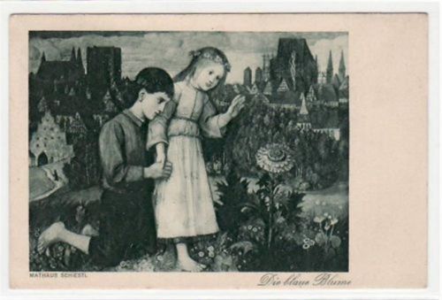 Künstlerkarte von M. Schiestl - Motiv Die blaue Blume gelaufen 1925. Gute Erhaltung.