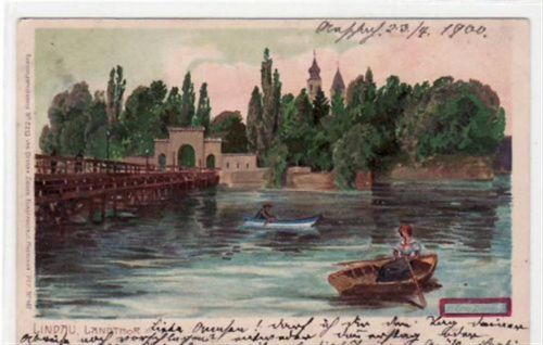 Lindau Lithographie Lindau im Bodensee. Partie am Landthor gelaufen 1900 leicht fleckig, sonst gut erhalten.