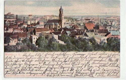 Werdau Werdau, Reliefkarte mit Teilansicht und Kirche gelaufen von 1908. Gute Erhaltung.
