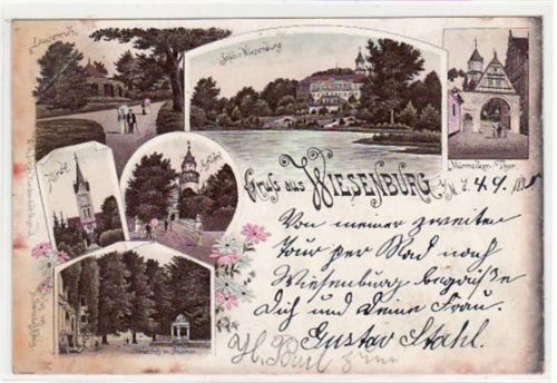 Lithographie. Gruß aus Wiesenburg i.d.M.. Louisenruh, Schloß, Männecken-Tor, Kirche, Schloßhof gelaufen 1898. Kleiner Knick an der unteren linken Ecke. leicht stockfleckig. Leichte Oxydationsspuren sonst gut erhalten.