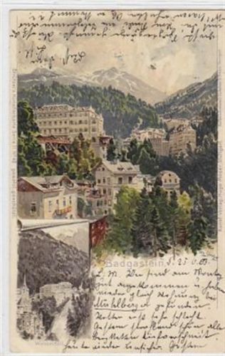 Lithographie Bad Gastein. Teilansicht Wasserfall gelaufen am 26.06.1903, Marke wurde entfernt. Leichter Bug unten links, leichte Stempelspuren, sonst gut erhalten.