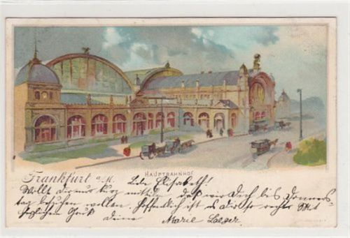 Frankfurt, Lithographie. ein Blick auf den Hauptbahnhof gelaufen, 1900. Leichter Stempeldurchdruck, Ecken mit Albumabdrücken, sonst gut erhalten