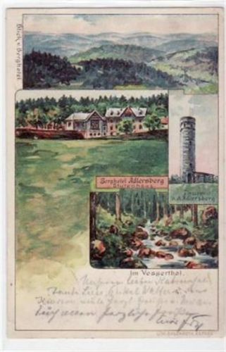 Schmiedefeld Lithographie mit Berghotel Adlersberg, Stutenhaus, Waldpartie, Partie im Vesserthal und Thurm gelaufen, Marke entfernt, um 1900 kleiner Knick oben links und unten rechts, kleiner Knick mit Riß unten links, sonst gut erhalten.