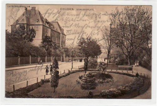 Lutherstadt Eisleben Eisleben mit Luthergymnasium und Schlossplatz gelaufen von 1911. Gute Erhaltung.