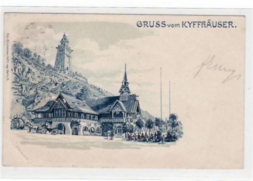 Kyffhäuser Künstlerkarte Gruß vom Kyffhäuser mit Wirtschaft gelaufen von 1899. An den Ecke n leichte Abdrücke vom Album, leichte Stempelspuren, sonst gut erhalten.