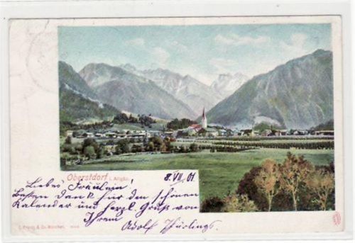 Lithographie Oberstdorf im Allgäu. Totalansicht Kirche gelaufen 1901 Eckbug unten links, Leichte Stempelspuren Vorderseite, sonst gut erhalten.