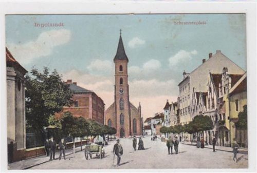 Ingolstadt. Schrannenplatz gelaufen am 31. Juli 1909 leicht fleckig, sonst gut erhalten