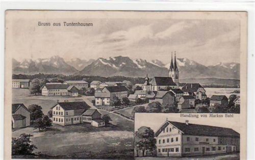 Tuntenhausen, Künstlerkarte mit Totale und Handlung v. M. Babl. Feldpost, mit Stempel von 1914. Leichter Bug oben in der Mitte, leicht fleckig, sonst gut erhalten