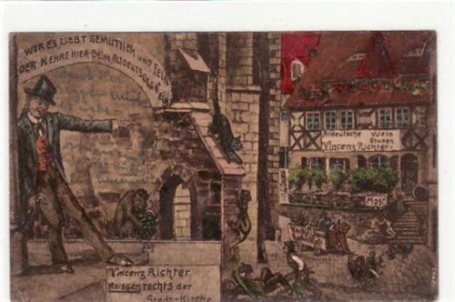Meißen Meissen, Künstlerkarte mit Weinstube Vincenz Richter gelaufen von 1929 kleiner Knick unten links, sonst gut erhalten.
