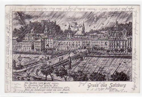 Regenkarte von Salzburg in den Falbtagen. Teilansicht mit Brücke gelaufen, Marke wurde entfernt, Leichter Bug oben links, leichter bräunlicher Fleck Rückseite oben rechts, sonst gut erhalten.