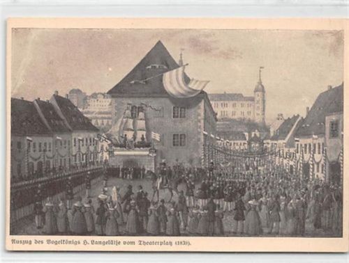 Meißen. Auszug des Vogelkönigs H. Langelütje vom Theaterplatz (1839). Offizielle Festpostkarte der Scheiben- und Vogelschützen-Gesellschaft Meißen ungelaufen Gute Erhaltung.
