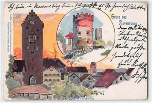 Ravensburg Künstlerkarte Ravensburg. Partie mit Obertor gelaufen. Leichte Abschürfungen und kleine Knicke an den Ecke n, leicht fleckig, sonst gut erhalten