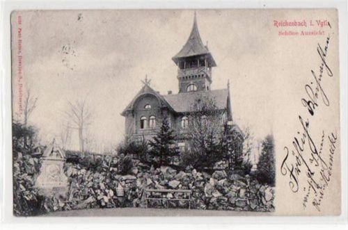 Reichenbach Reichenbach mit Villa " Schöne Aussicht " gelaufen von 1908 kleiner Knick oben links und rechts, leicht fleckig, sonst gut erhalten