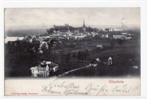 Ottensheim Gesamtansicht gelaufen von 1909, Marke entfernt. Leichter Stempeldurchdruck, leicht stockfleckig, sonst gut erhalten